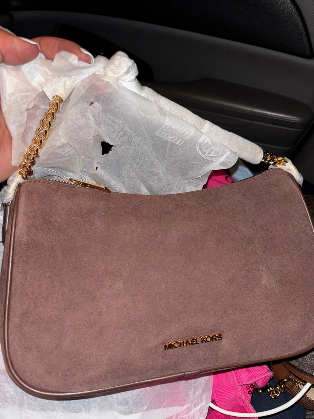 Michael Kors Taupe Suede Shoulder Bag with Gold Chain